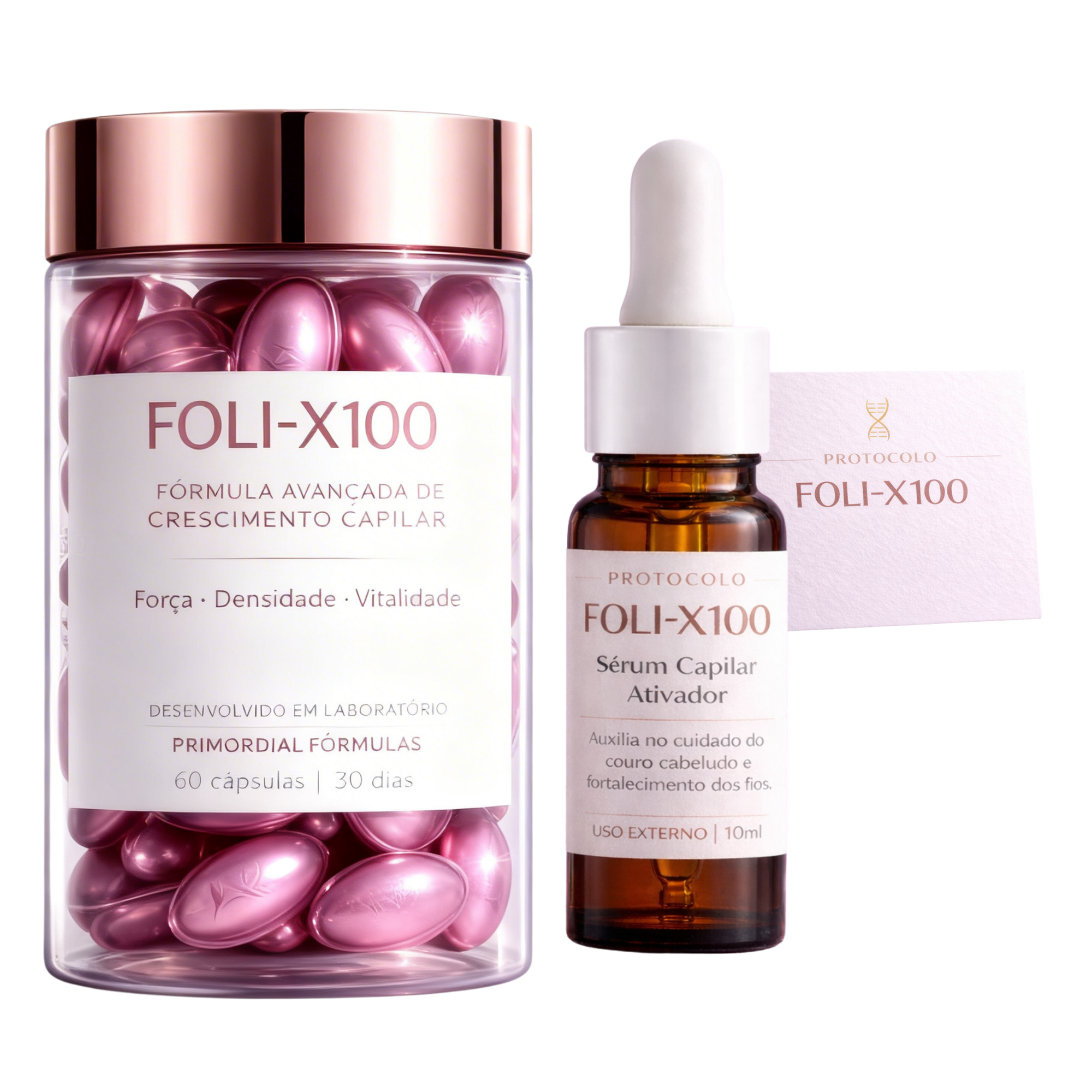 FOLI-X100 60 Cápsulas + Sérum Capilar Suplemento para Cabelo Uso Diário