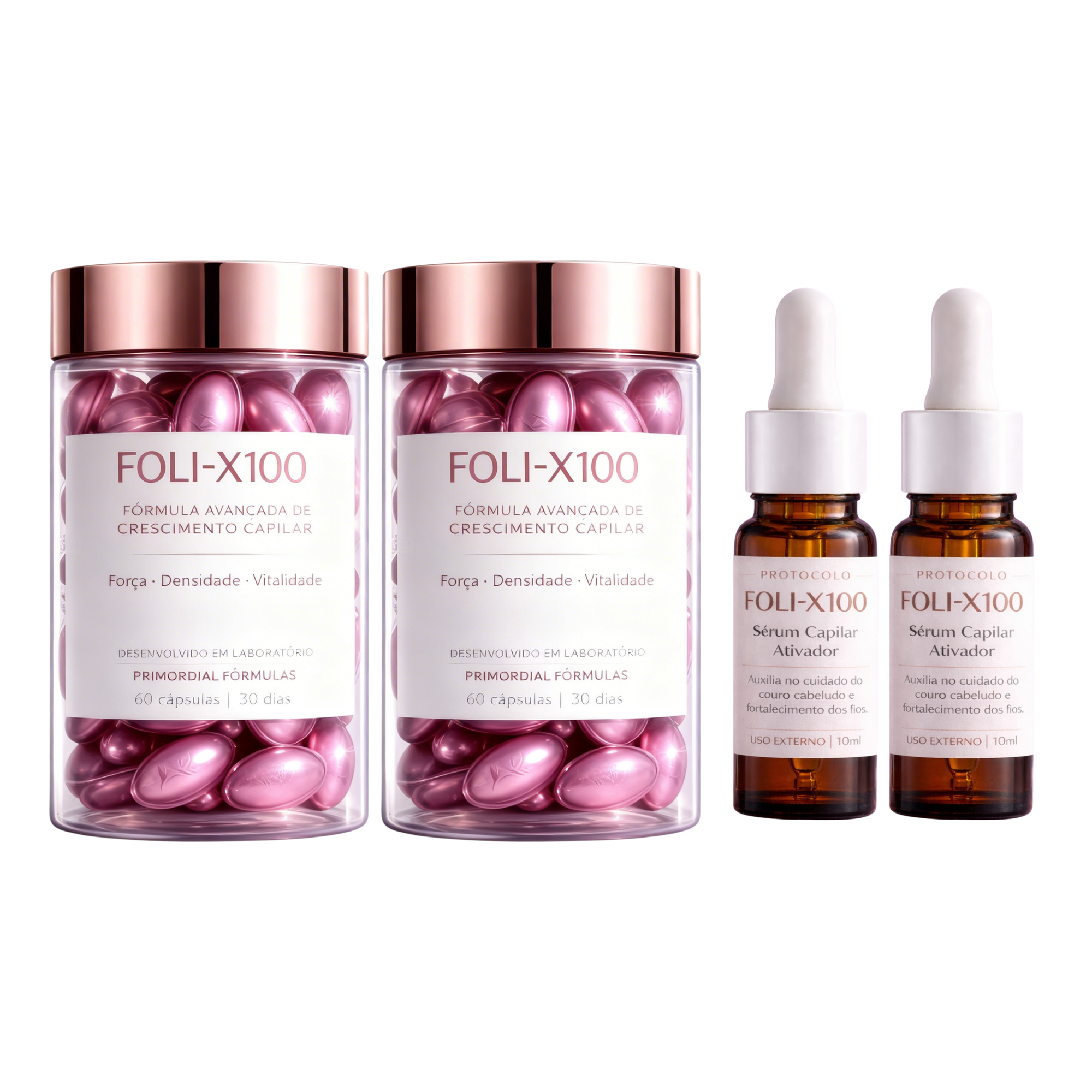 FOLI-X100 60 Cápsulas + Sérum Capilar Suplemento para Cabelo Uso Diário