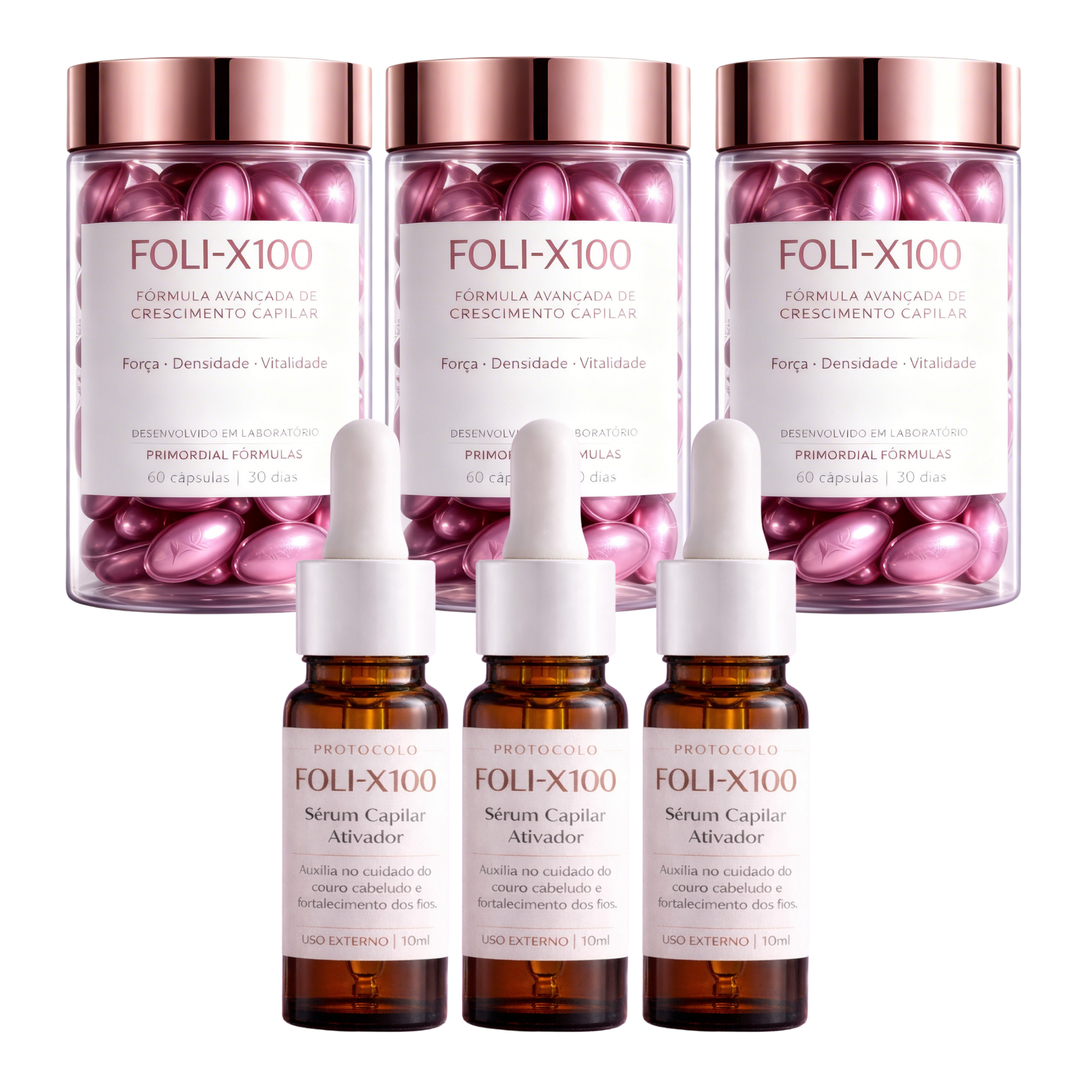 FOLI-X100 60 Cápsulas + Sérum Capilar Suplemento para Cabelo Uso Diário