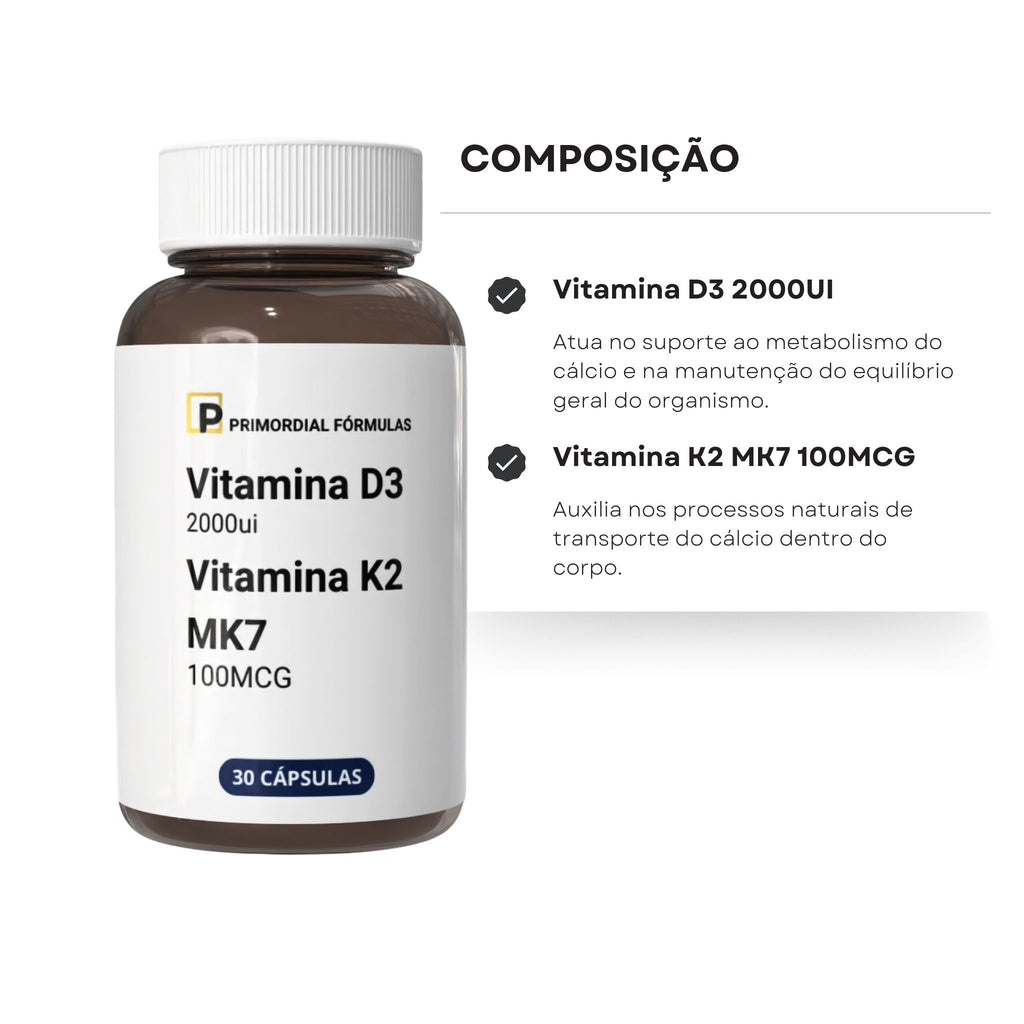 Vitamina D3 2000ui com Vitamina K2 MK7 30 Cápsulas