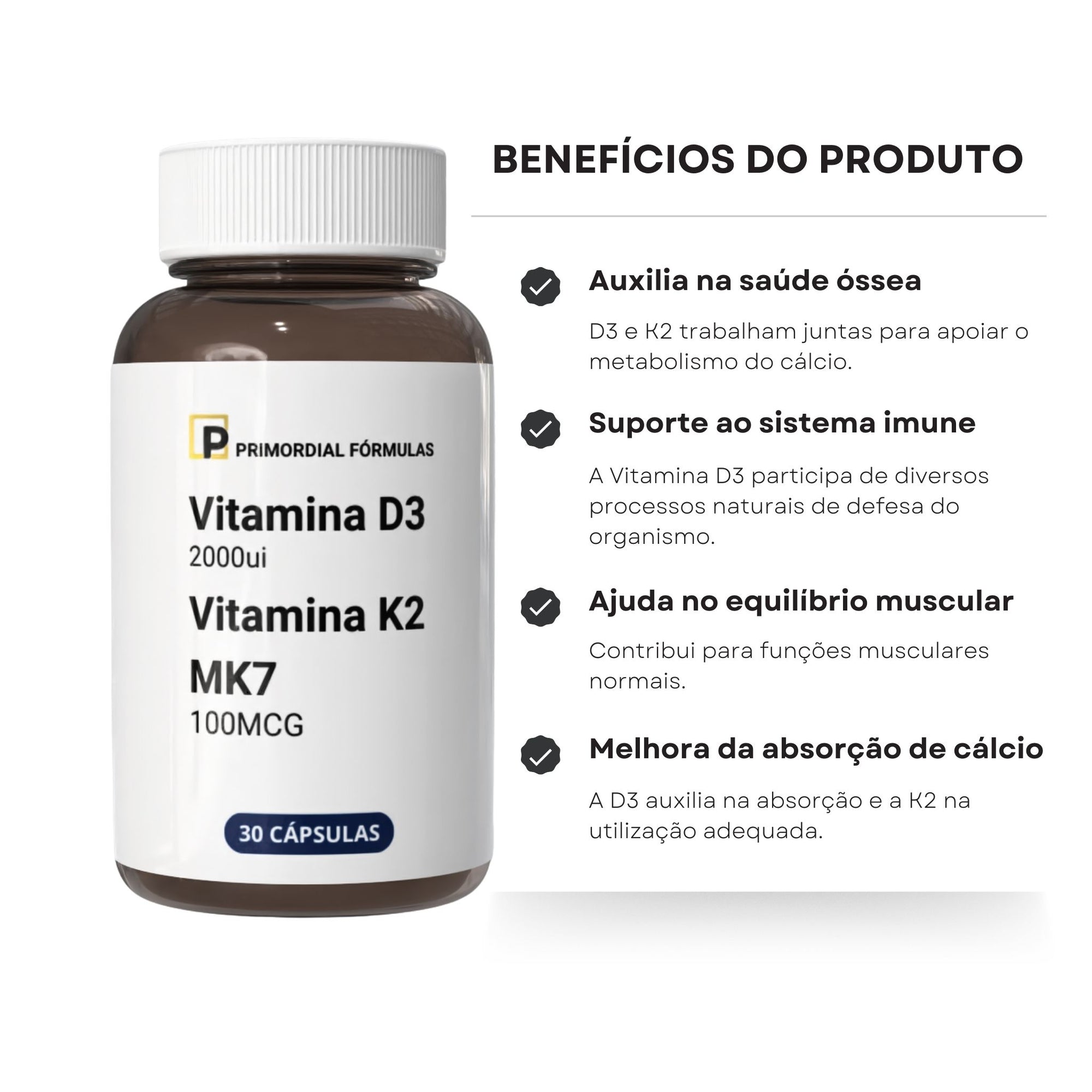 Vitamina D3 2000ui com Vitamina K2 MK7 30 Cápsulas